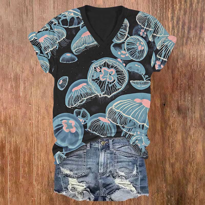 Creative Jellyfish Mushroom Cloud Art Print V-neck T-shirt - Black - US32-34(5XL) - image 2