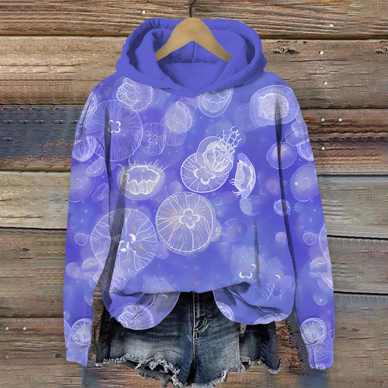  Funny Transparent Jellyfish Art Print Long Sleeve Hoodie - Purple - US44-46(8XL) - image 3