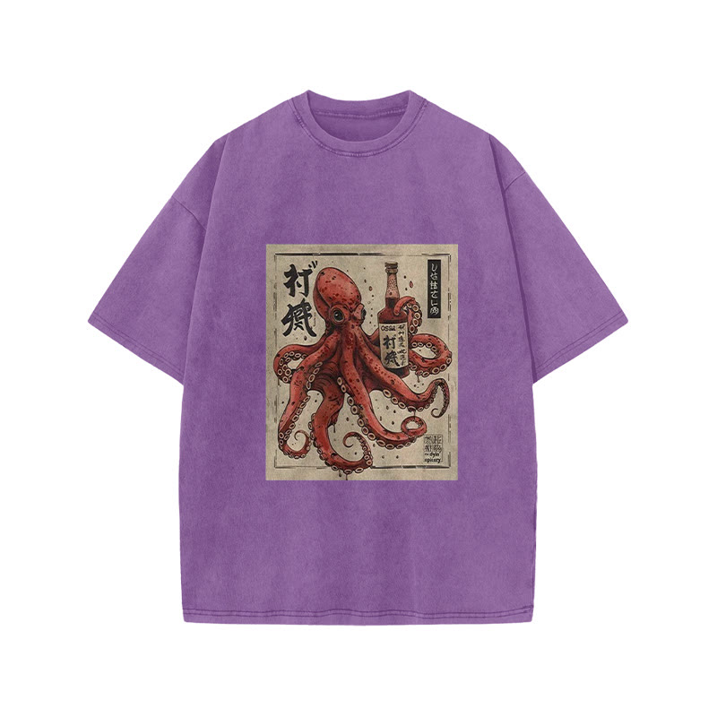 Unisex 100% Cotton Osaka Saké Octopus Vintage Print Acid Washed T-shirt - Purple - 3XL - image 7