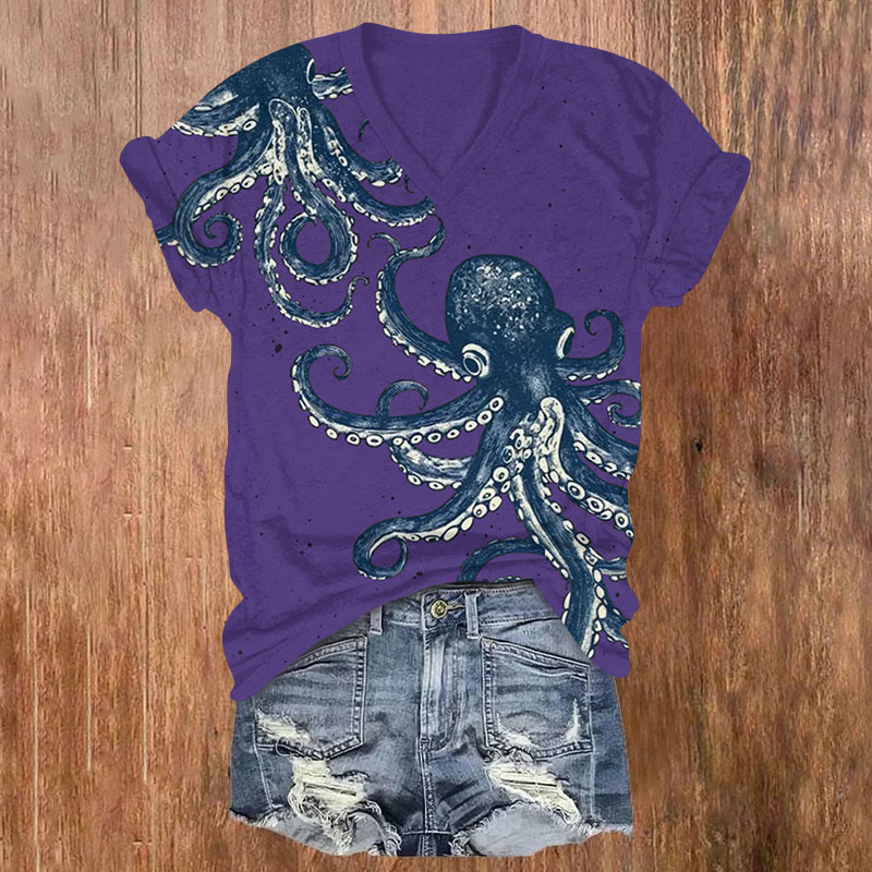 Japanese Funny Blue Cartoon Octopus Art Print T-shirt - Purple - US32-34(5XL) - image 2