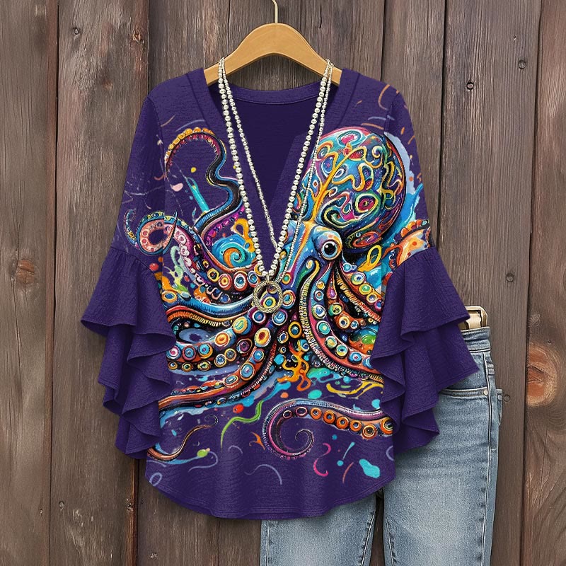Vintage Rainbow Octopus Art Print V-neck Half Sleeve Blouse - Purple - 5XL - image 7