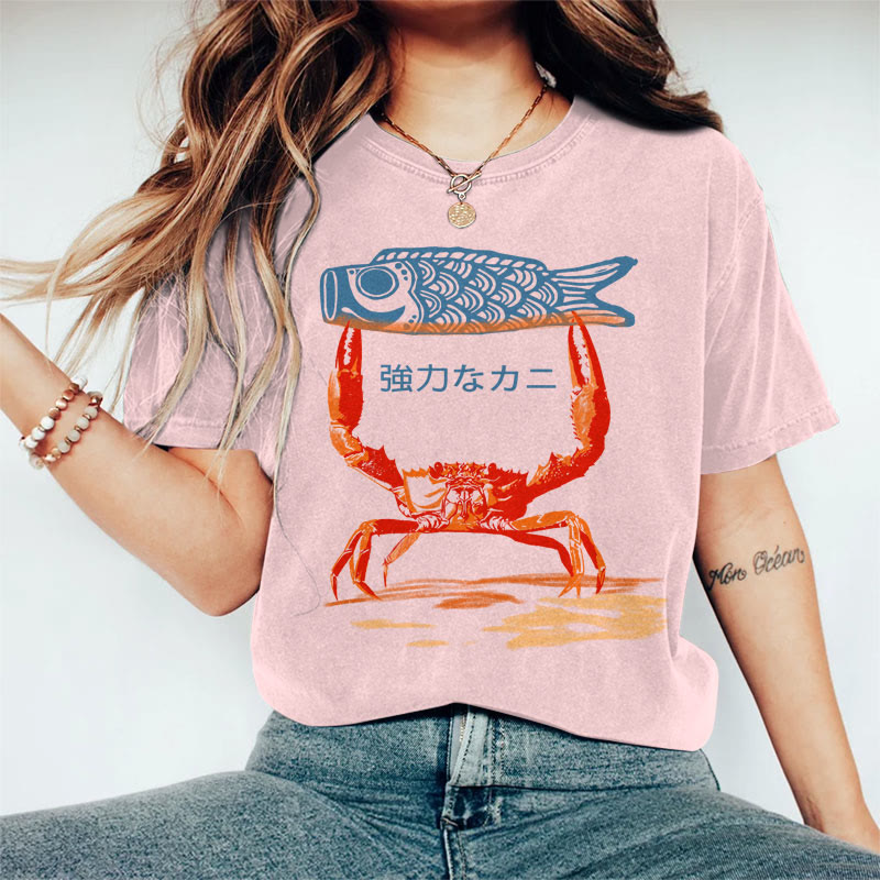 100% Cotton Women's Japanese Funny Crab Holding Koi Art Print Casual T-shirt - Pink - 2XL - image 3