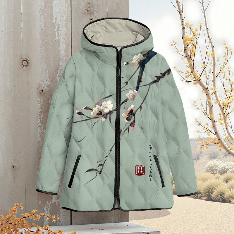 Vintage Plum Blossom Art Print Zipper Jackets - Light Green - 4XL - image 3