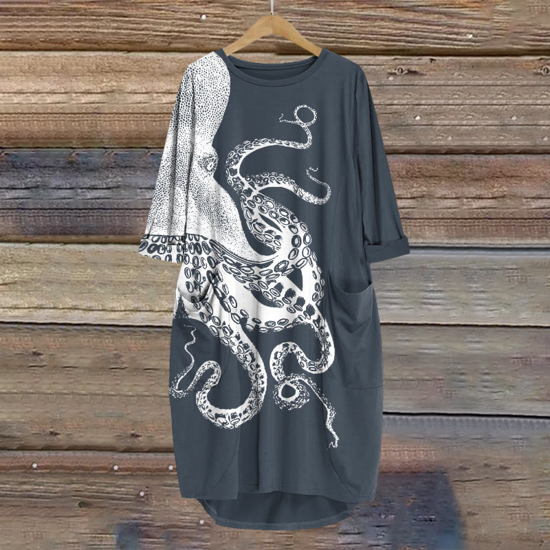 Japanese Art Octopus Graphic Print Crew Neck Dress - Grey - 8XL - image 4
