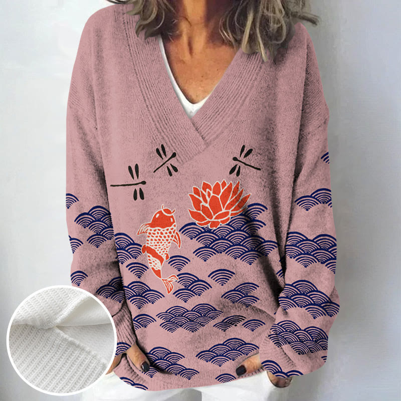 Japanese Style Koi Fish Dragonfly Wave Art Print Causal V-neck Pullover Sweater - image 7