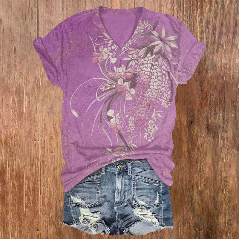 Floral Print V-neck T-shirt - Light Purple - US32-34(5XL) - image 2