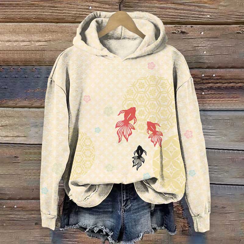 Japanese Vintage Geometric Floral & Goldfish Print Long Sleeve Hoodie - Yellow - US44-46(8XL) - image 4