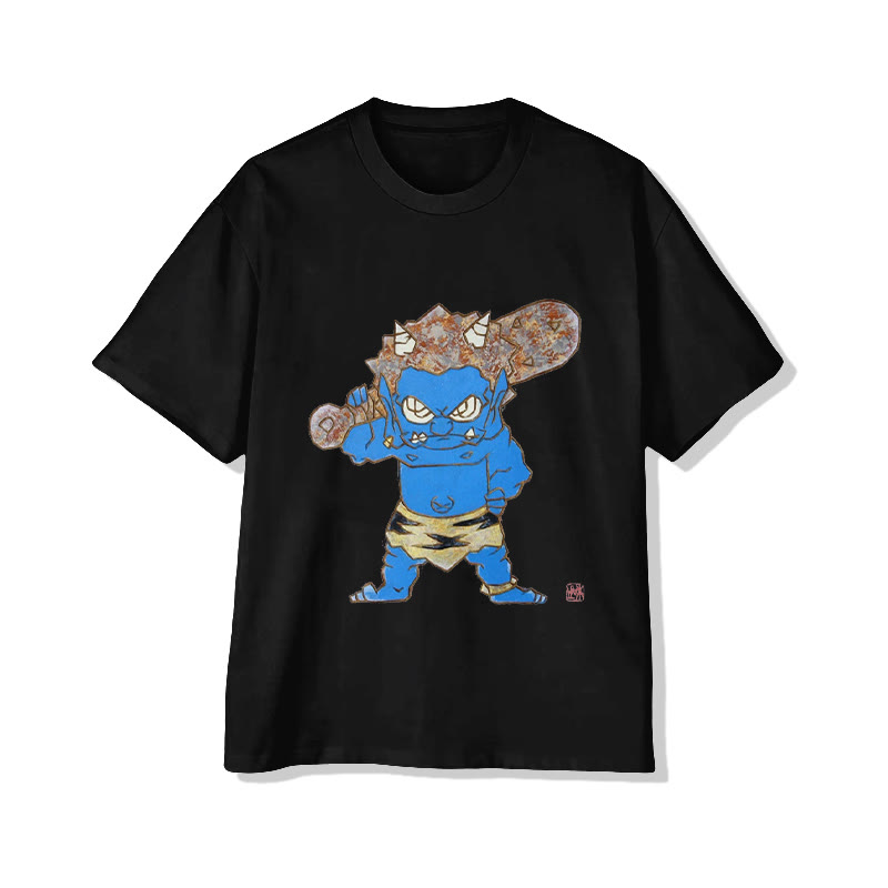 Unisex Blue Oni Character Art Print Short Sleeved Crew Neck T-Shirt - Black - 2XL - image 4