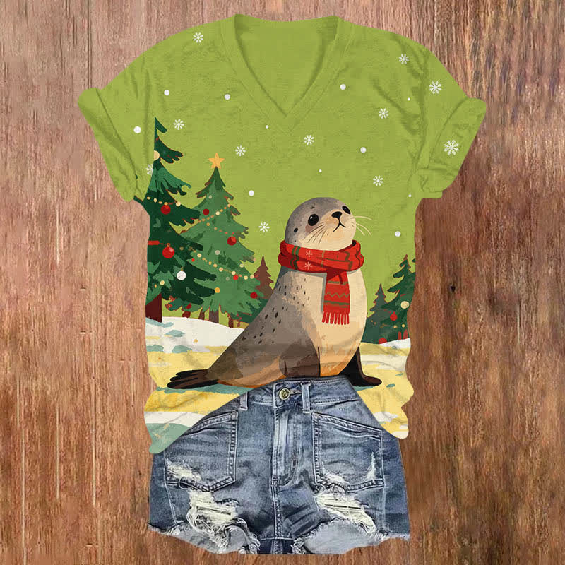 Christmas Winter Snowy Seal With Scarf Art Print V-neck T-shirt - Green - US32-34(5XL) - image 3