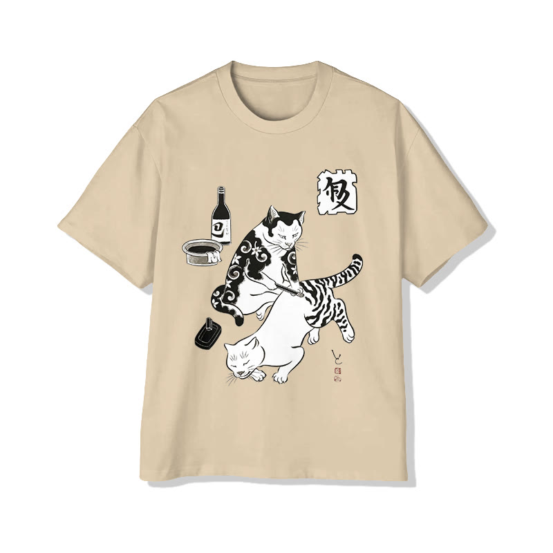 Unisex Retro Japanese Art Print Short Sleeve Crew Neck T-shirt - Apricot - 2XL - image 3