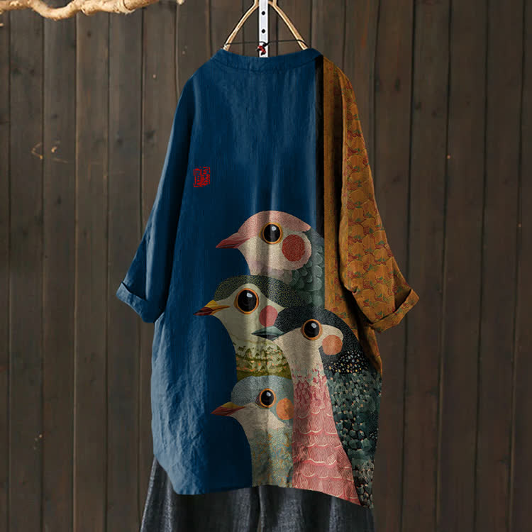 Japanese Retro Rainbow Birds Pattern Print Cardigan - Navy Blue - US 30-32 (6XL) - image 5
