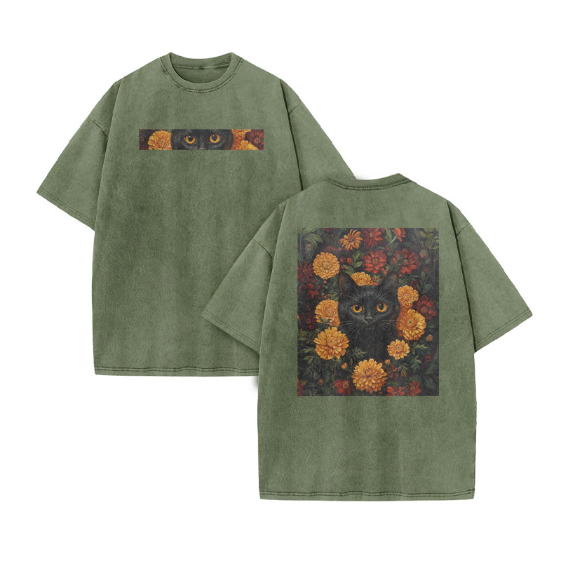 A Black Cat In A Field Of Chrysanthemums Print Acid Washed T-shirt - Army Green - US20-22(3XL) - image 6