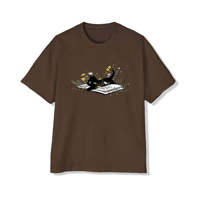 Black Cat Book And Wildflowers Print Pattern Cotton Print T-shirt - Coffee - US16-18(2XL) - image 9