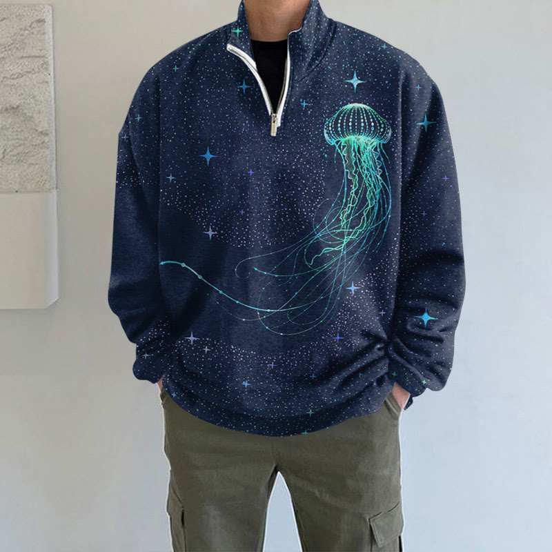Colorful Starry Sky Jellyfish Print Long Sleeve Zipper Sweatshirt - Blue - 5XL - image 3