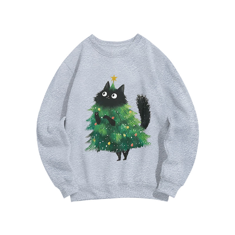 Fun Cat Christmas Tree And Printed Long Sleeved Crewneck Sweatshirt - Grey - US16-18(2XL) - image 3