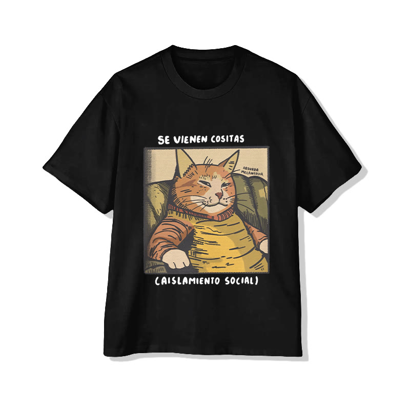 Unisex Funny Cat Aislamiento Social Print Short Sleeve Crew Neck T-Shirt - Black - 2XL - image 4