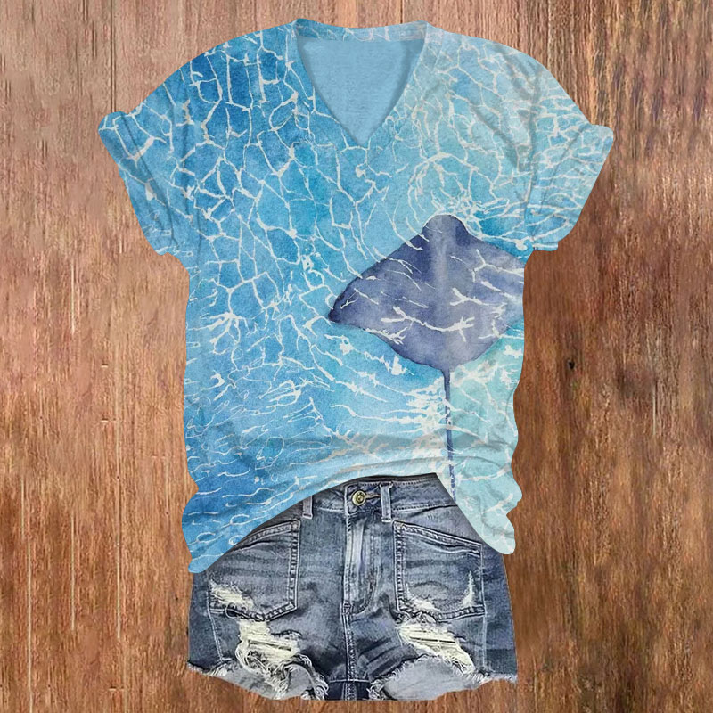 Ocean Manta Ray Print T-shirt - Blue - 5XL - image 1