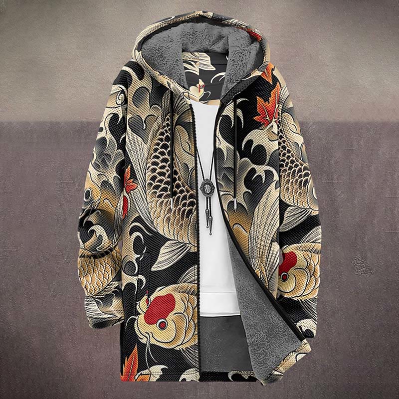 Retro Watercolor Golden Koi Carp Print Unisex Plush Thick Long-sleeved Fleece Jacket Coat - image 2