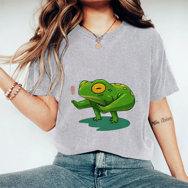 100% Cotton Funny Frog Yoga Art Print Casual T-shirt - Grey - 2XL - image 4