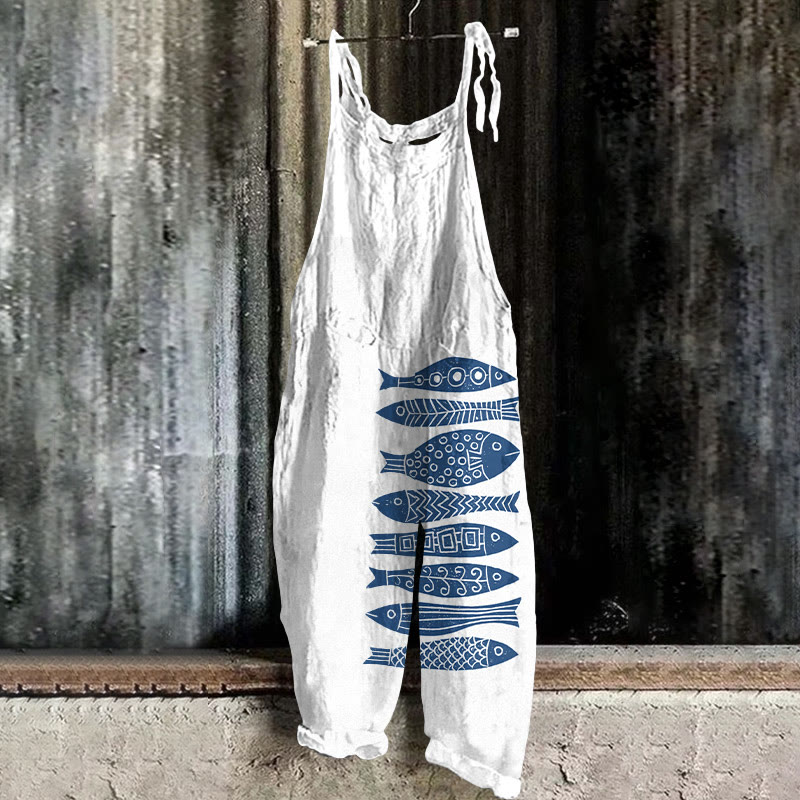 Fish Japanese Lino Art Print Casual Jumpsuit  - White - 5XL - image 3