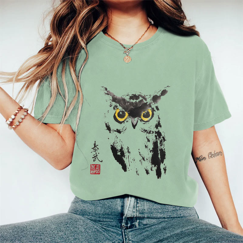 100% Cotton Women's Owl Art Print Casual T-Shirt - Light Green - 2XL - image 6
