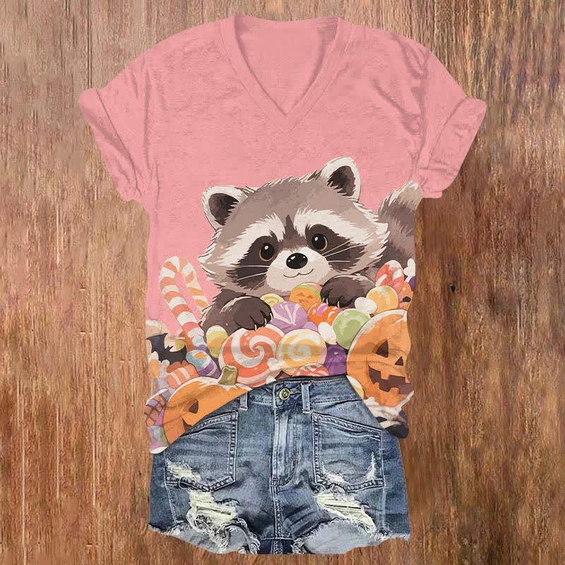 Halloween Raccoon With Colorful Candies Art Print V-neck T-shirt - Pink - US32-34(5XL) - image 7