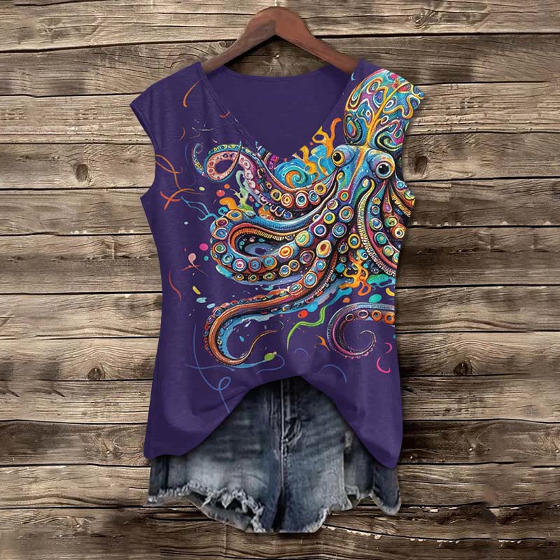 Vintage Rainbow Octopus Art Print V-neck Tank Top - Royal Blue - 5XL - image 6