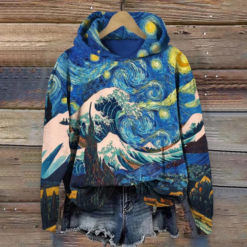 Oil Painting Waves Paint Long Sleeve Hoodie - Blue - 8XL - image 1