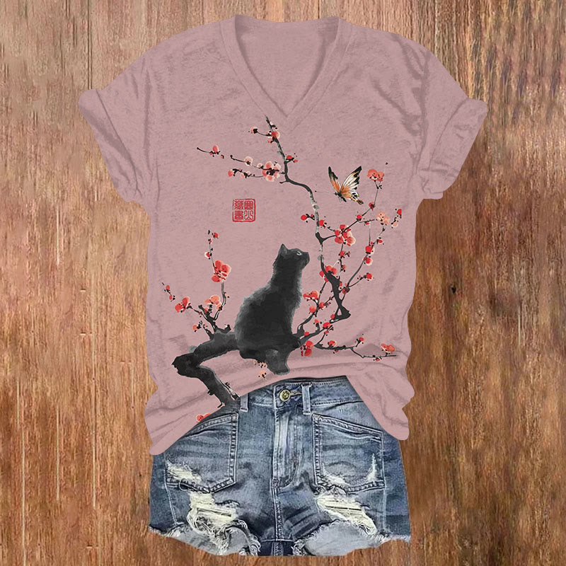 Japanese Style Ink Painting Plum Blossom Black Cat Butterfly Print V-neck T-shirt - Pink - US32-34(5XL) - image 4