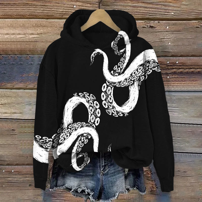 Kraken Octopus Tentacles Abstract Art Print Long Sleeve Hoodie - Black - 8XL - image 2