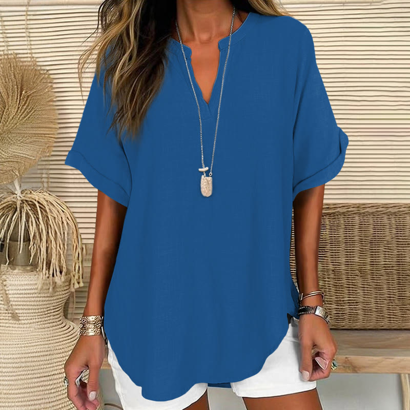 Women's  Solid Color Short Sleeve Casual Blouse - Dark Blue - 5XL - image 11