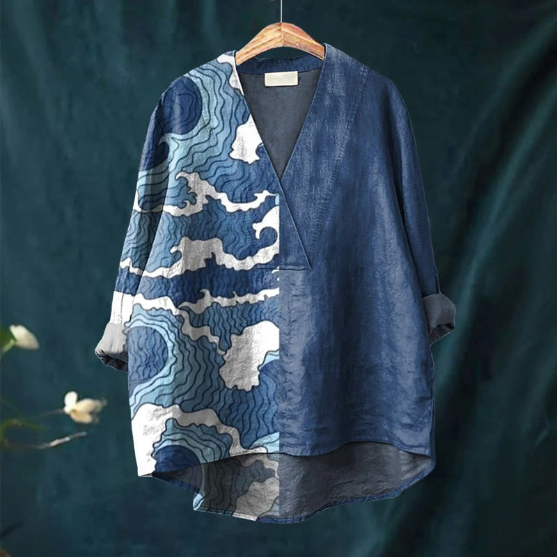 Women's Abstract Cloudy Wave Art Printed Casual V-neck Blouse - image 2