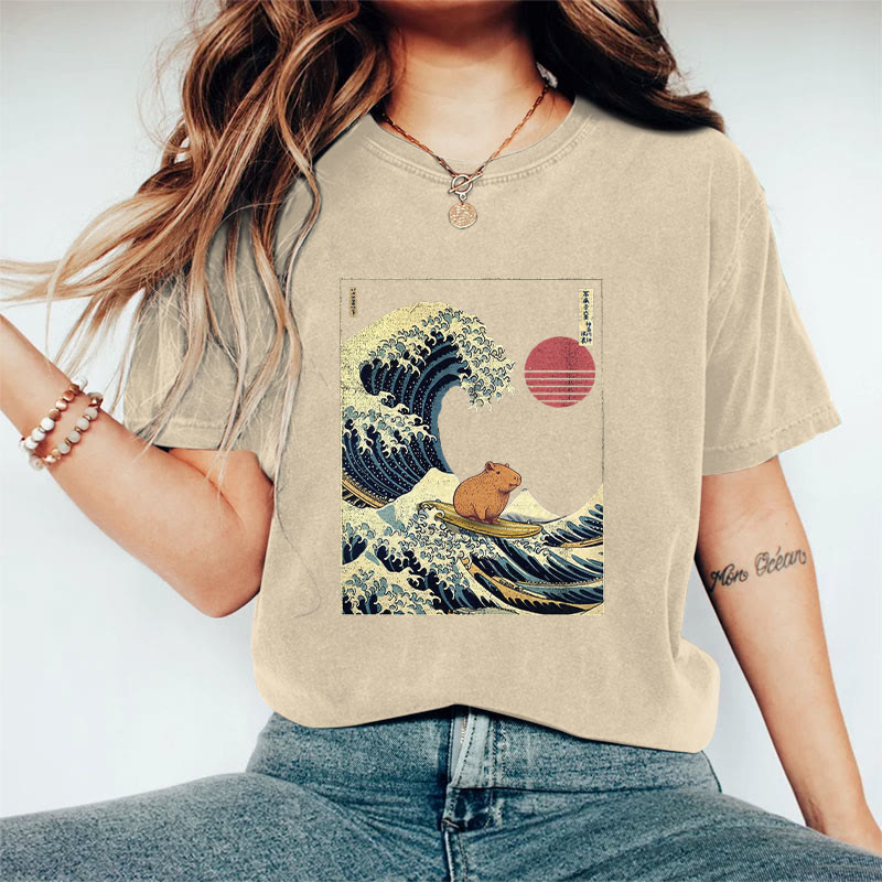 100% Cotton Funny Capybara Kanagawa Japanese Surfing Wave Print T-shirt - Apricot - 2XL - image 5