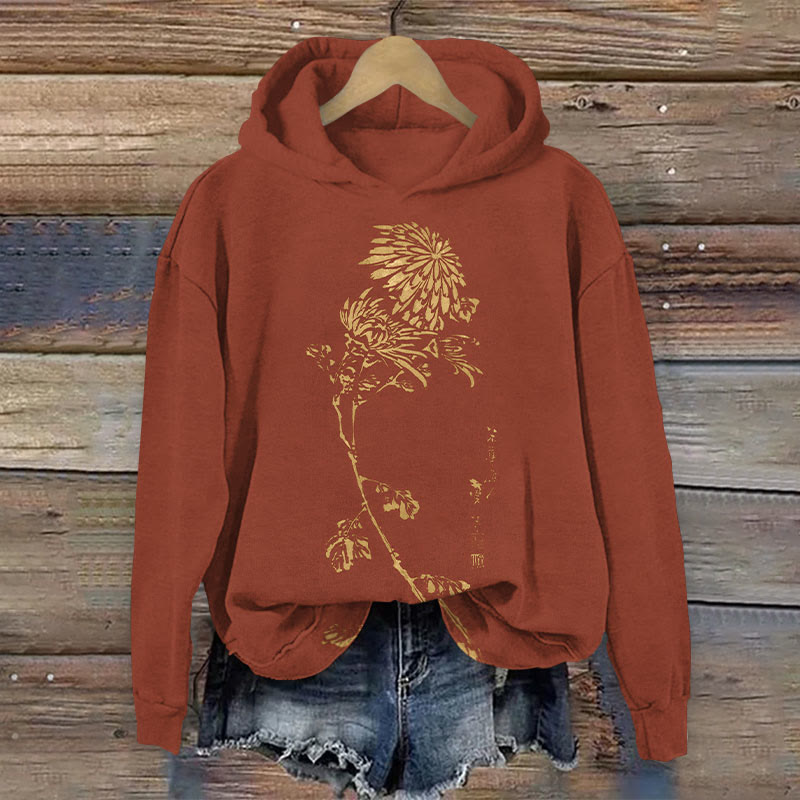 Retro Japanese Chrysanthemum Print Long Sleeve Hoodie - Red - 8XL - image 3