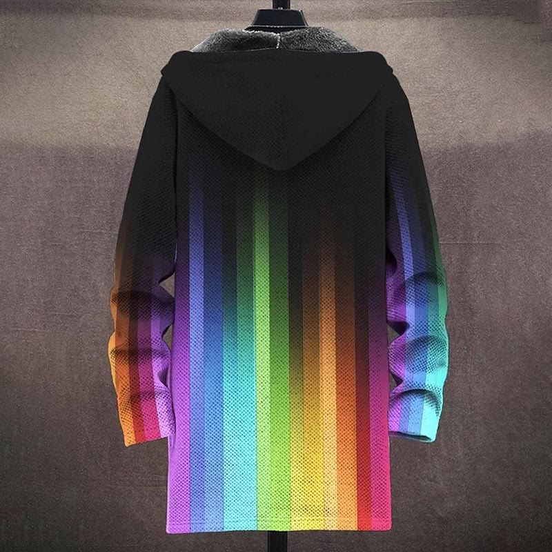 Gradient Rainbow Stripes Print Unisex Plush Thick Long-sleeved Fleece Jacket Coat - image 4