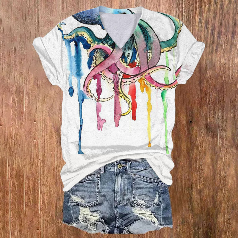 Japanese Art Octopus Print V-neck T-shirt - White - 5XL - image 1