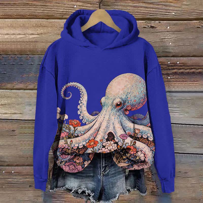 Vintage Octopus Surrounded By Flowers Print Long Sleeve Hoodie - Blue - US44-46(8XL) - image 2