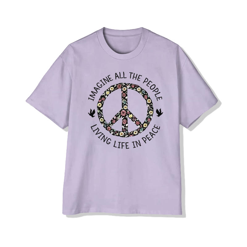 Unisex Imagine All The People Living Life In Peace Pattern Cotton Print T-shirt - Light Purple - US20-22(3XL) - image 6