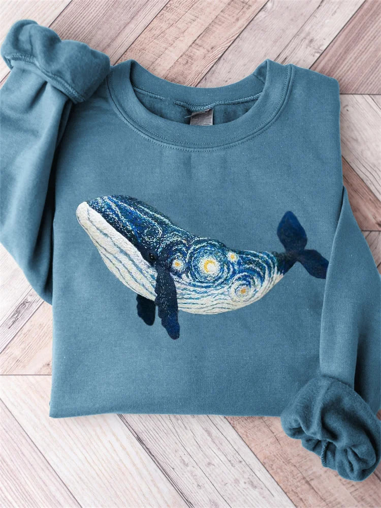 Starry Night Inspired Whale Art Comfy Sweatshirt - Light Blue - 5XL - image 2