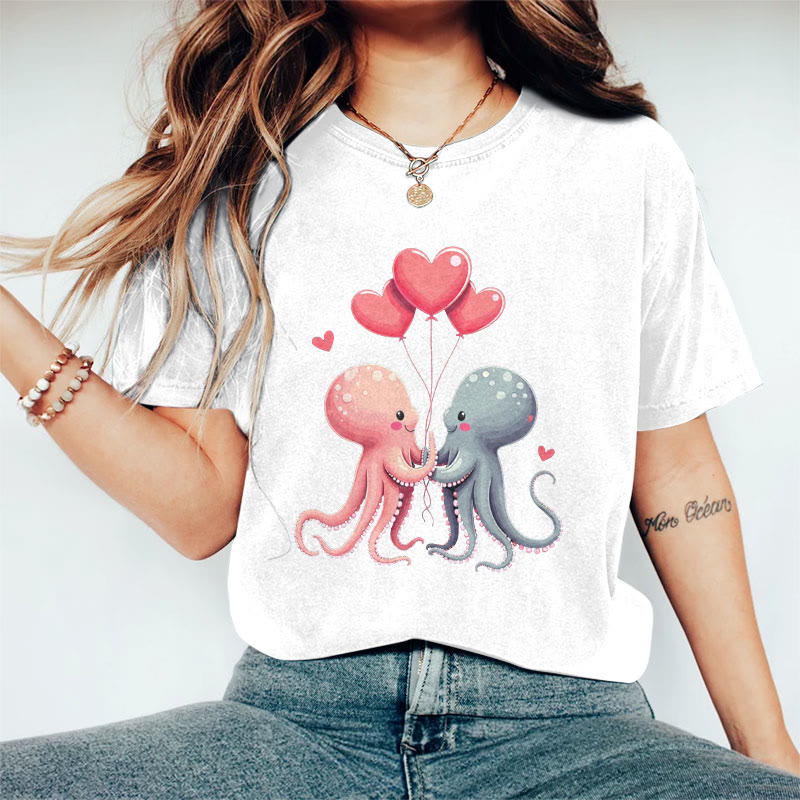 100% Cotton Valentine's Day Octopus Heart T-shirt - White - 2XL - image 2