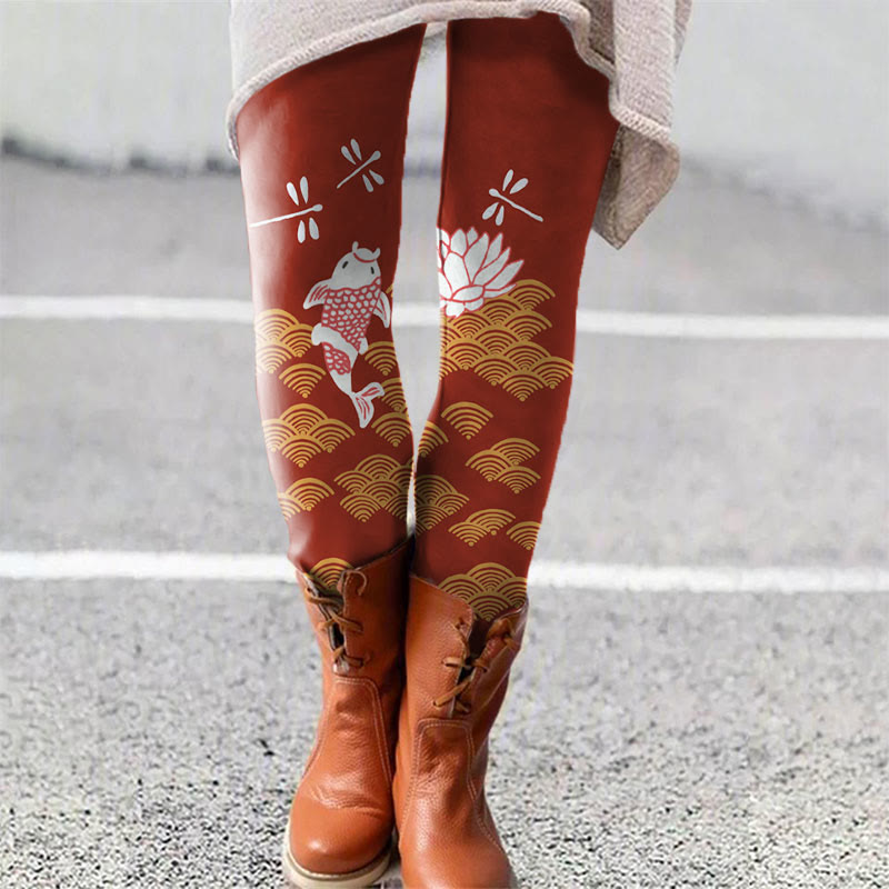Dashingsoul Japanese Style Koi Fish Dragonfly Wave Art Print Women's Leggings