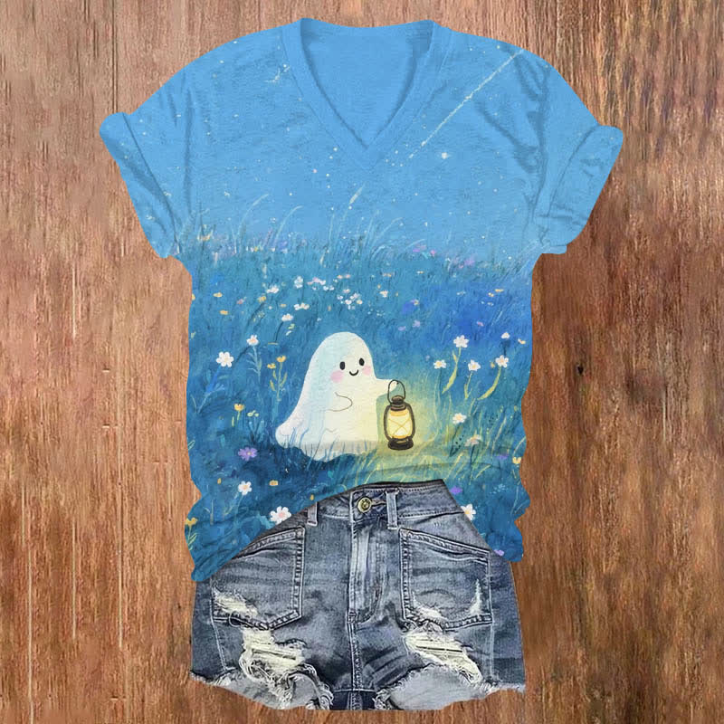 Halloween Lovely Ghost Holding Kerosene Lamp Art Print V-neck T-shirt - Sky Blue - US32-34(5XL) - image 5