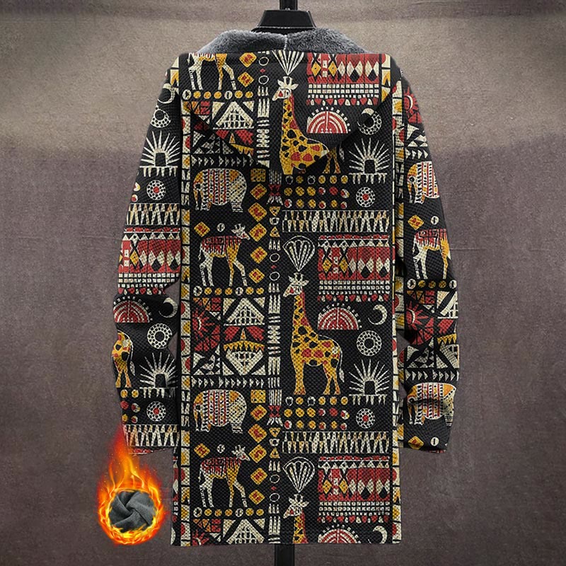 Vintage Geometic Animals Pattern Print Unisex Plush Thick Long-sleeved Fleece Jacket Coat - image 3