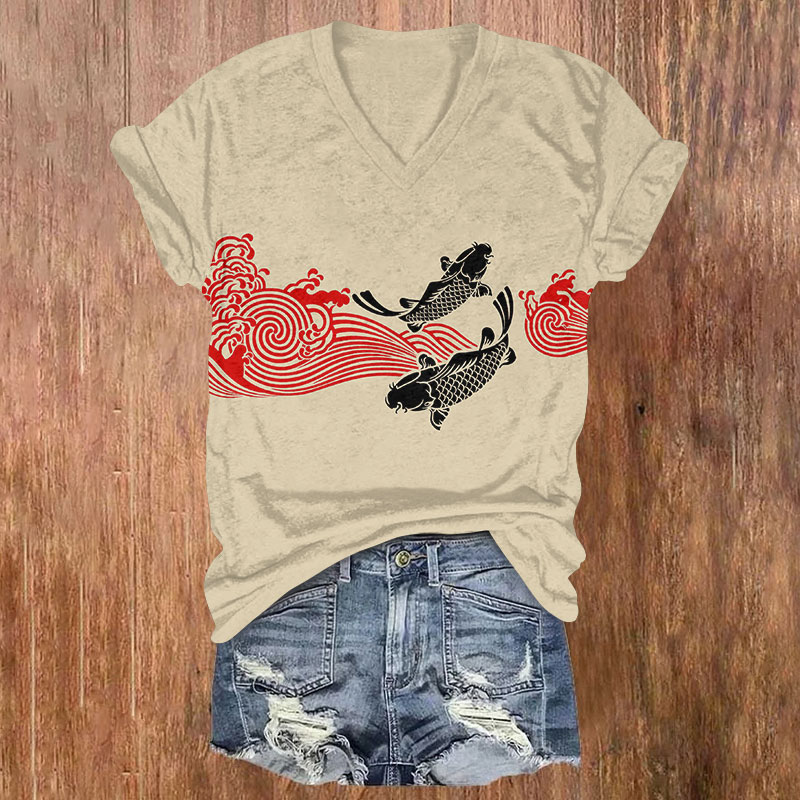 Waves And Fish Print T-shirt - Khaki - 5XL - image 1