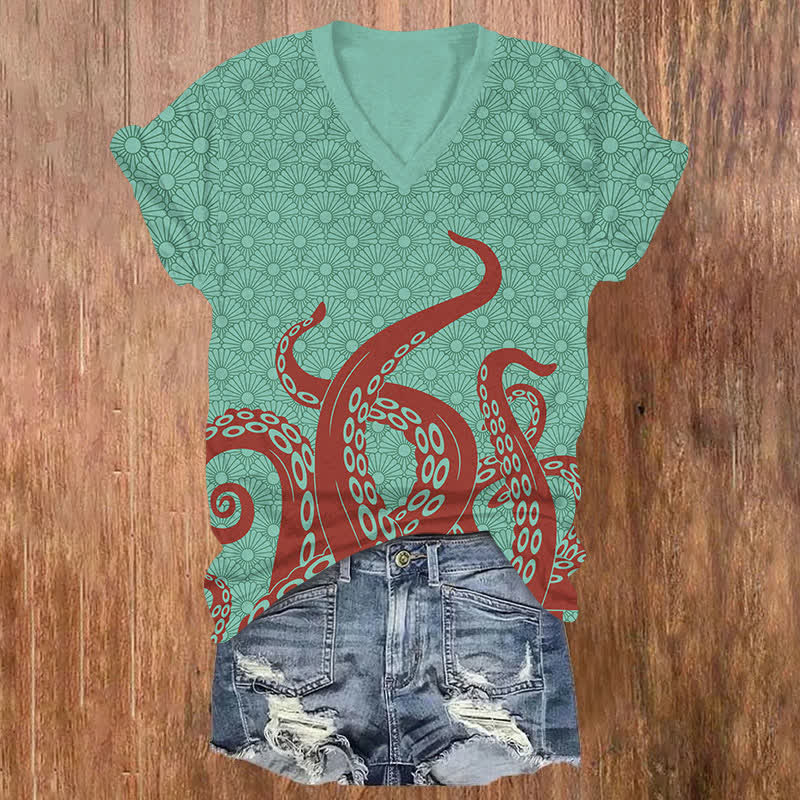 Japanese Sunflower Octopus Tentacles Art Print V-neck T-shirt - Green - US32-34(5XL) - image 2