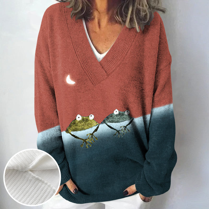 Simple Frog Color Block Print Causal V-neck Pullover Sweater - image 8