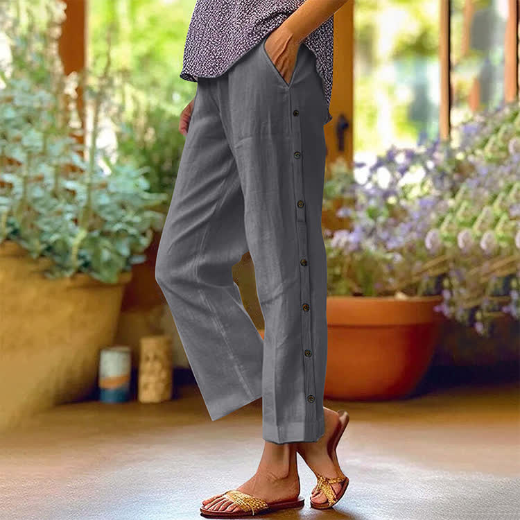 Casual Solid Pocket Pants With Side Buttons - Dark Grey - 3XL - image 5