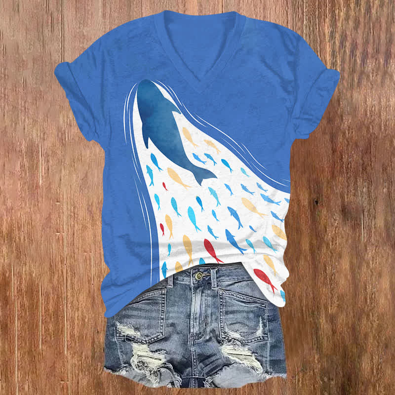 Vintage Rainbow Small Whales Art Print V-neck T-shirt - Blue - US32-34(5XL) - image 2