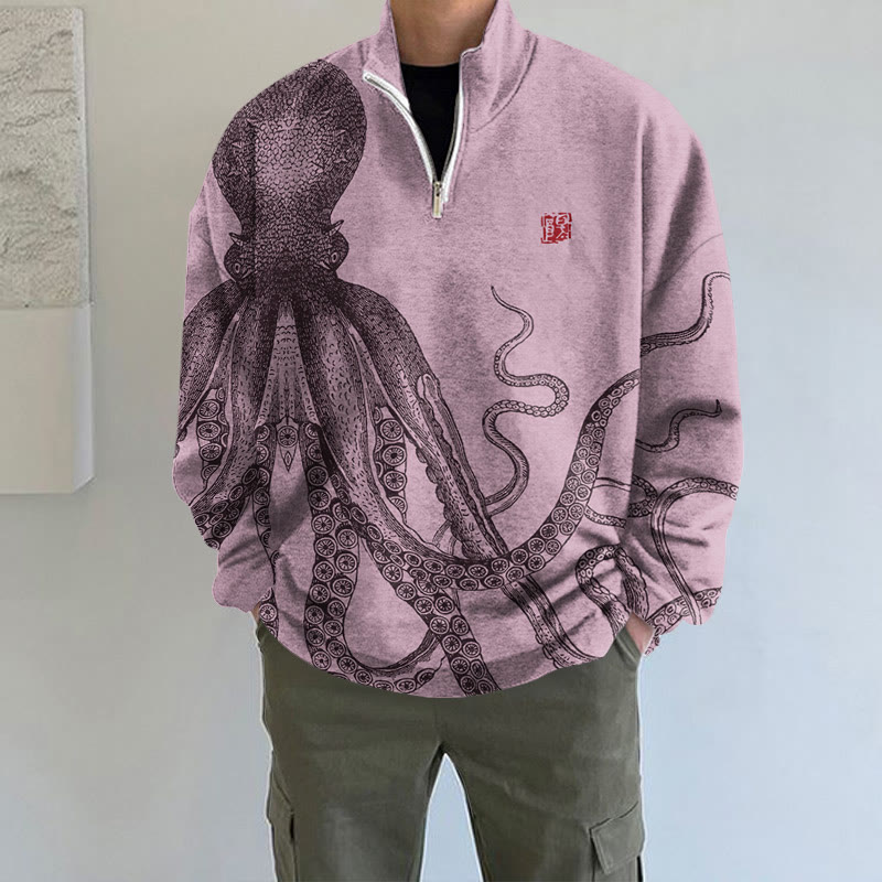 Japanese Art Octopus Print Long Sleeve Zipper Sweatshirt - Dark Pink - 5XL - image 5