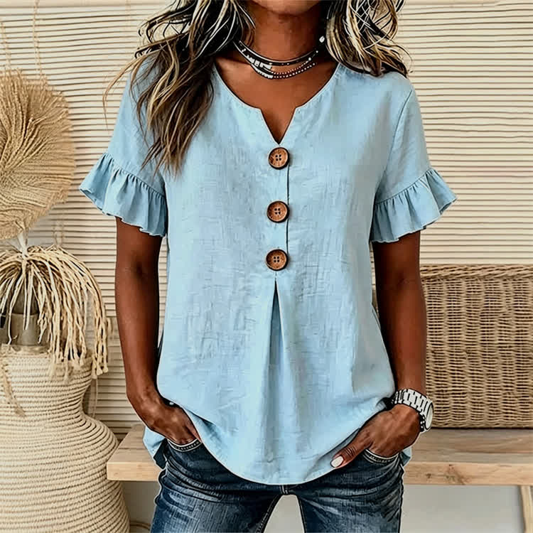 Solid Button Short Ruffle Sleeves V-neck Blouse - image 15